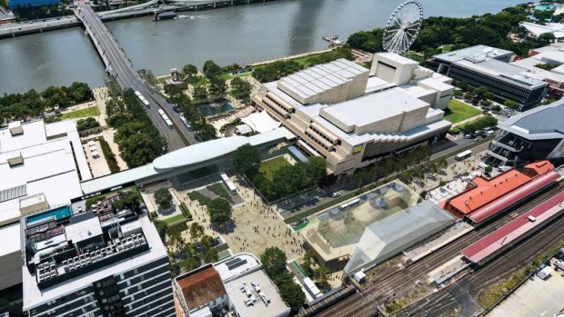 Artists' impression of the Cultural Centre precinct following Brisbane Metro alterations.