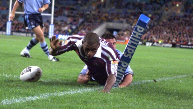 TBA: Lote Tuqiri in action for Queensland during the 2002 State of Origin series.