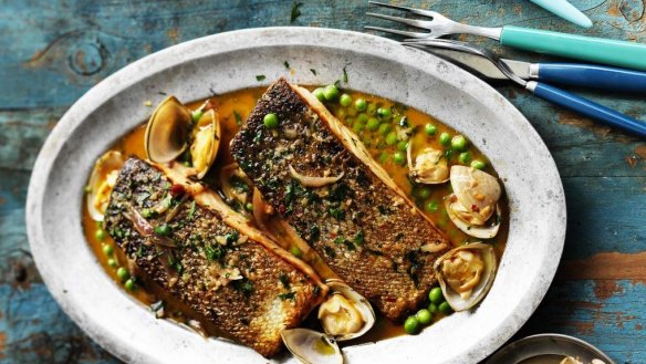 Pan-fried salmon with clam sauce. <a href="http://www.goodfood.com.au/good-food/cook/recipe/panfried-salmon-with-clam-sauce-20140203-31wg2.html"><b>(Recipe here).</b></a>
