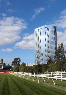 An artist's impression of the planned Epsom Road apartment tower at Flemington Racecourse.