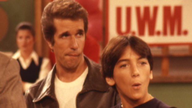 Scott Baio, the actor once famous for playing Chachi in Happy Days, is now using his child star notoriety to help Donald Trump on his way to the White House. Pictured here with his on-screen cousin The Fonz played by Henry Winkler.