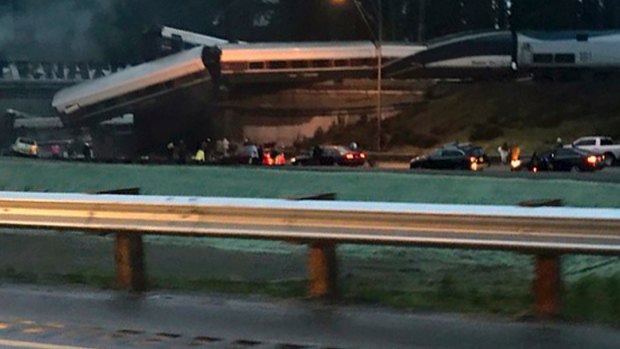 The Amtrak train following the derailment south of Seattle on Monday.