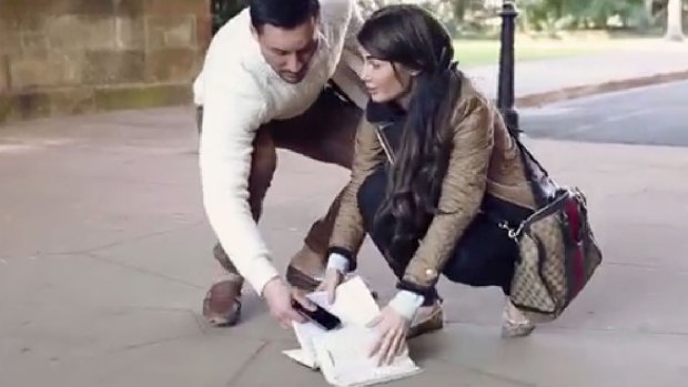 Salim and Aysha Mehajer in their pre-wedding video, re-enacting an early encounter at the University of Sydney. 