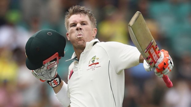 Happier times: David Warner after thumping a century for Australia.