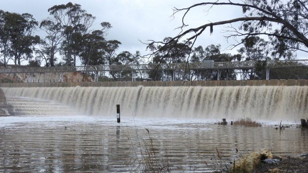 Water spilling from Laanecoorie Reservoir, west of Bendigo.