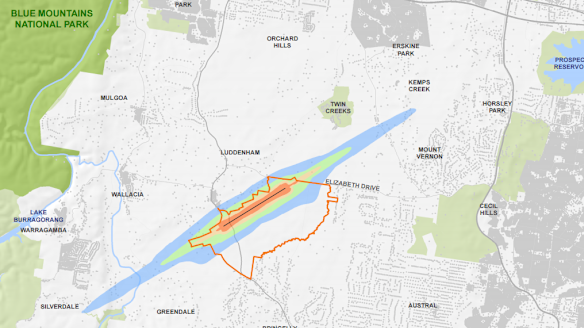A map released by the federal government on Monday, showing the noise contours from a Badgerys Creek airport.