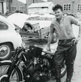 A youthful Eric Nelson, in about 1955, with his Vincent HRD in Adelaide.
