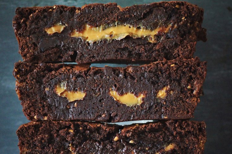 Dark chocolate, peanut butter and dulce de leche brownies.