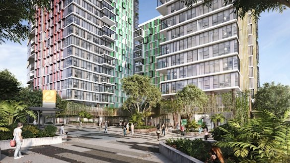 An artist impression of how the student towers precinct would connect to the Buranda bus station.