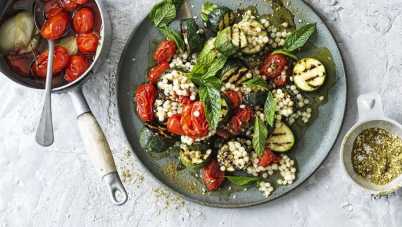Grilled zucchini salad with cherry tomato confit, zaatar and pearl cous cous.