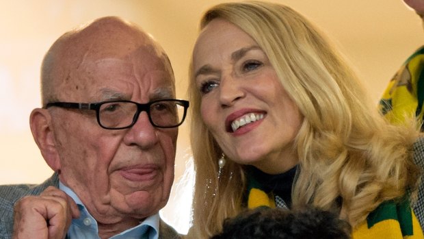 Rupert Murdoch and Jerry Hall look on during the 2015 Rugby World Cup.
