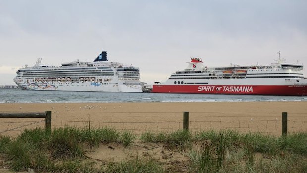 The Norwegian Star moored next to the Spirit of Tasmania.