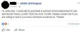 A student offered $10,000 online for a place in a UNSW juris doctor summer class after it filled up within a minute.