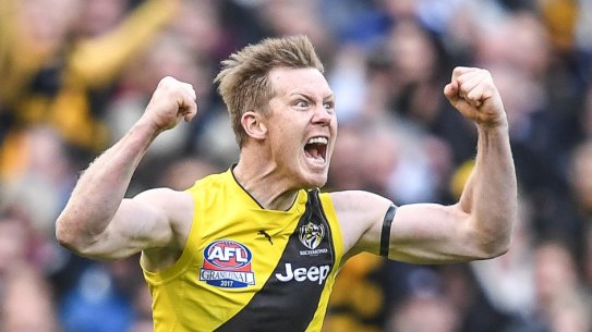 Jack Riewoldt celebrates his goal in the fourth term.