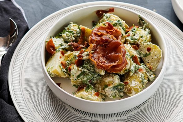 Potato salad with bacon miso mayonnaise and crispy pancetta.