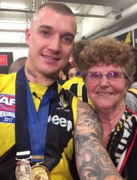 Dustin Martin with Mrs Knight after Richmond's win on Saturday.