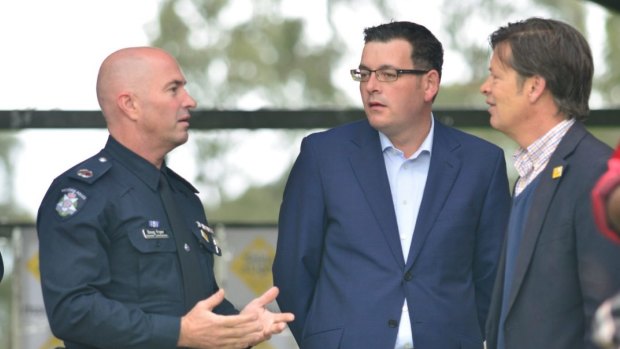 Premier Daniel Andrews with the Minister for Roads Luke Donnellan 
at the Road Safety launch at Jells Park in Wheelers Hill on Sunday.