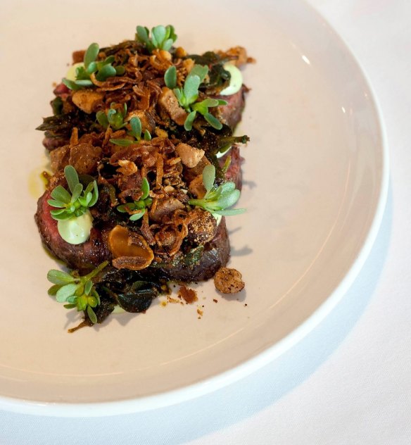 Kangaroo with coastal greens 'kimchi' and native dukkah.