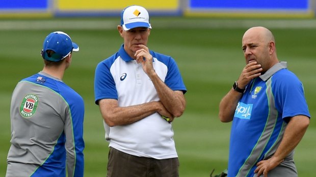 Greg Chappell, centre, with Steve Smith and Darren Lehmann.