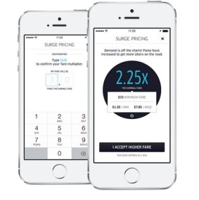 The prompts for passengers requesting an Uber ride during surge pricing. The "2.25x" means the ride will cost 225 per cent the normal price. At the rear is the screen where passengers must manually acknowledge the surge amount. 