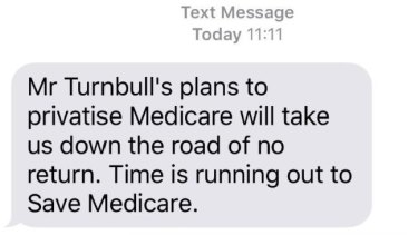 The controversial text message warning of a threat to Medicare from the Coalition.