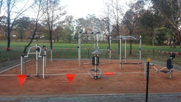 The new outdoor fitness equipment in John Knight Memorial Park in Belconnen.