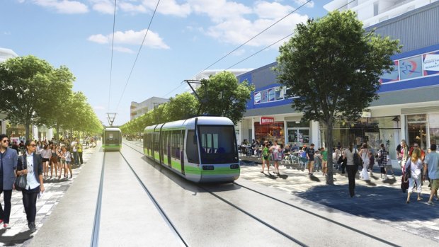 Artist's impression of the proposed Canberra light rail.  Pictured is the Gungahlin interchange. 