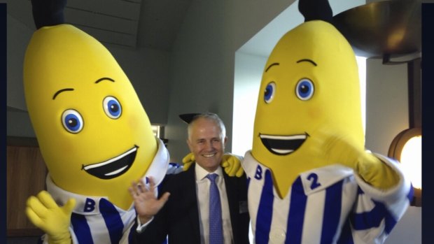 Malcolm Turnbull with the ABC Bananas in Pyjamas.