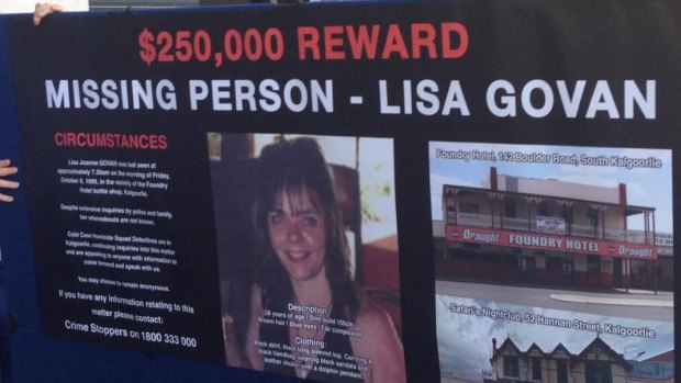 A poster used at Tuesday's reward announcement with details of Lisa Govan's case. 