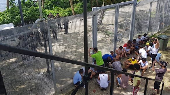 Refugees at the Manus Island regional processing centre protesting earlier this month. 