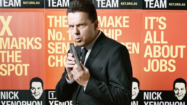 Nick Xenophon wearing a Target suit in the June-July issue of GQ Australia.