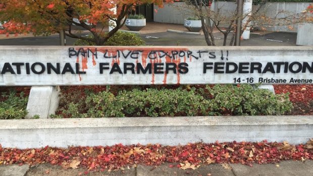 Graffiti at the National Farmers Federation's Barton office on Friday.
