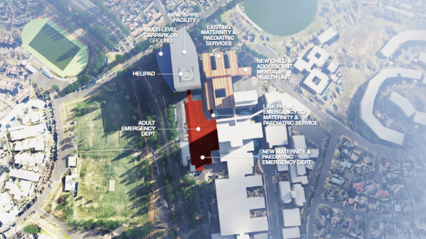 A plan of Labor's promised expansion of the Canberra Hospital, with a new "SPIRE Centre" at the Kitchener Street end of the campus, and a new emergency department, with the current emergency department dedicated to maternity and children.