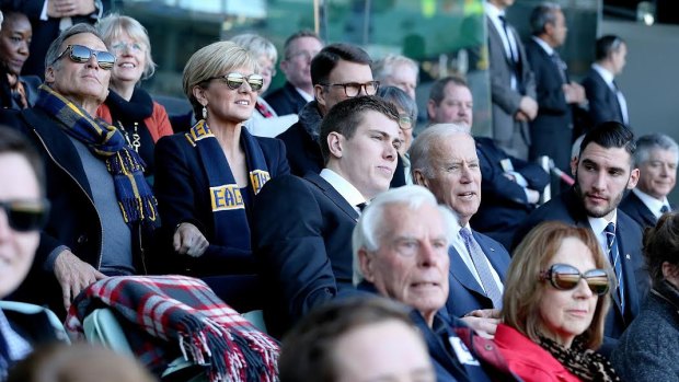 Foreign Minister Julie Bishop attends an AFL match with US Vice-President Joe Biden. 
