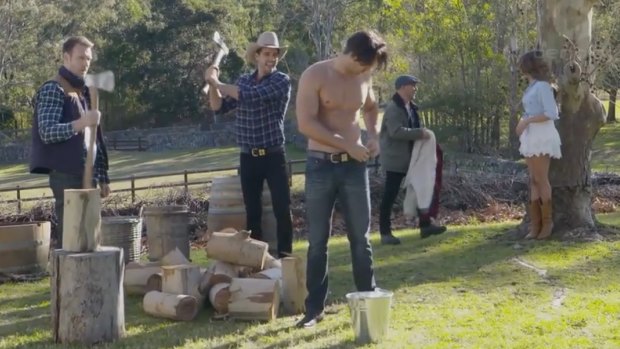 Tension reached boiling point during the wood chopping scene when Rhys stepped up their model-off by whipping off his flannel shirt.