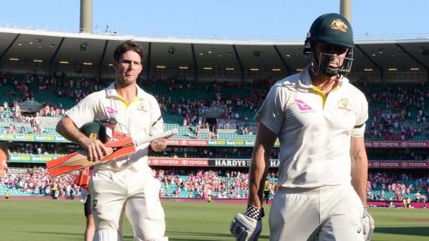 Sibling success: Mitchell Marsh and Shaun Marsh walk from the pitch at the close of play on day three.