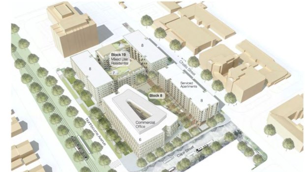 The ACT government and Doma's plans for four new buildings on the old Dickson Motor Registry site, including a government office block and serviced apartments at the southern end of the site, and apartments and shops at the northern end.
