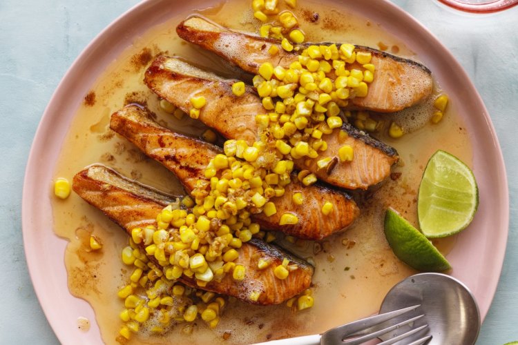 Salmon with buttered garlic corn.