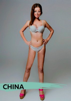 The Chinese ideal: the thinnest ideal woman is Miss China — coming in at 46.3kg, 30kg of which seem to be allocated to her gargantuan breasts.