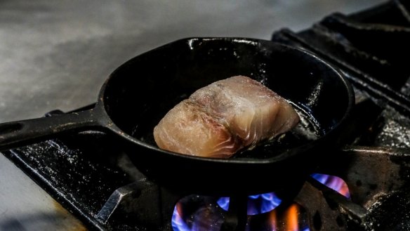 Season the skin with salt and place the fish skin-side down in the pan.