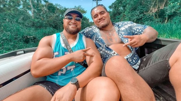 Sydney-based Samoan-Australian Osselan Tupai Scanlan (left) pictured with cousin James Atua (right) in Samoa this week.