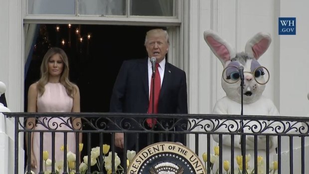 First Lady Melania Trump, US President Donald Trump and the Easter Bunny attend the 2017 White House Easter Egg Roll.