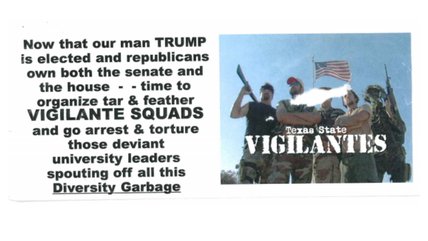 The flier distributed at the Texas State University.