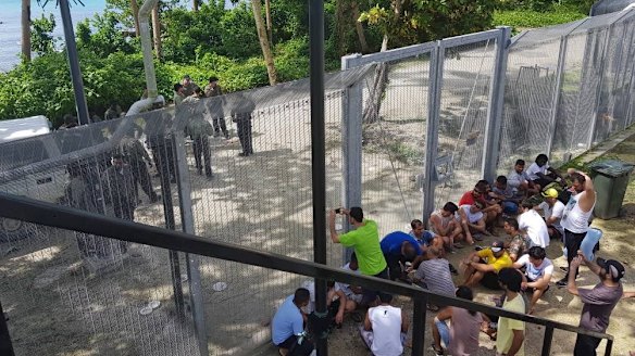 Refugees at the Manus Island regional processing centre protesting earlier this month. 