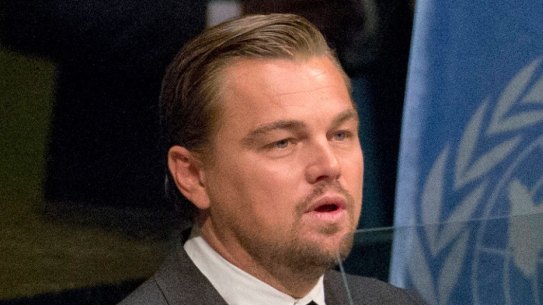 Leonardo DiCaprio speaks during the Paris Agreement on climate change ceremony at UN headquarters.