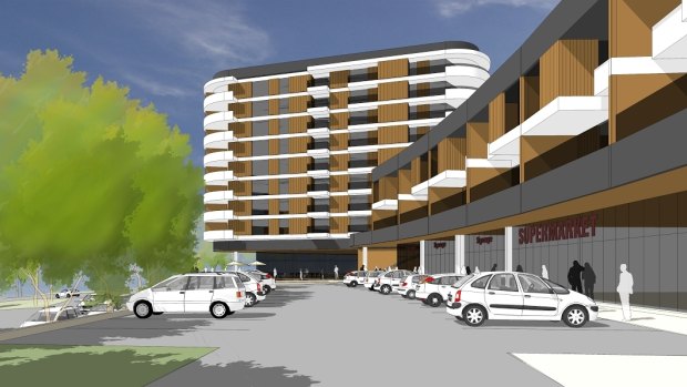 Initial concept drawings for the Denman Prospect shops including terrace-style apartments above the retail space and an apartment block, shown here with eight storeys but which the developer says will be five to six storeys.
