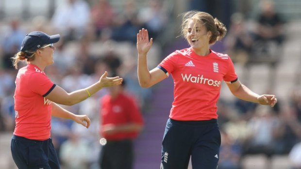 Natalie Sciver of England celebrates taking the wicket of Sidra Nawaz of Pakistan in their T20 clash in Southampton in July.