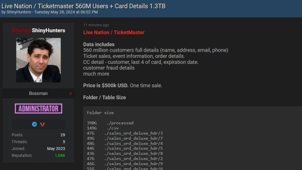 A screenshot of alleged Ticketmaster customer data up for sale.