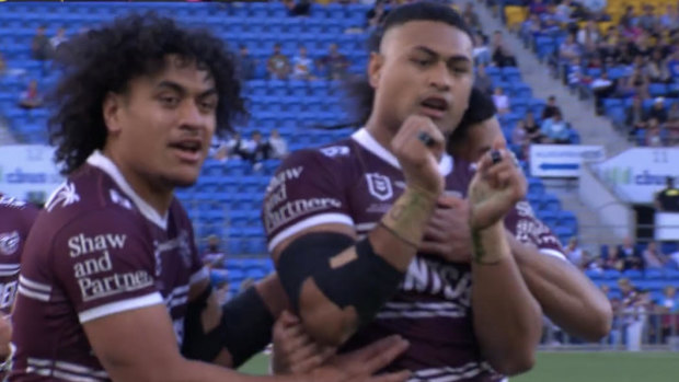 Haumole Olakau’atu’s try celebration in support of Manase fainu.