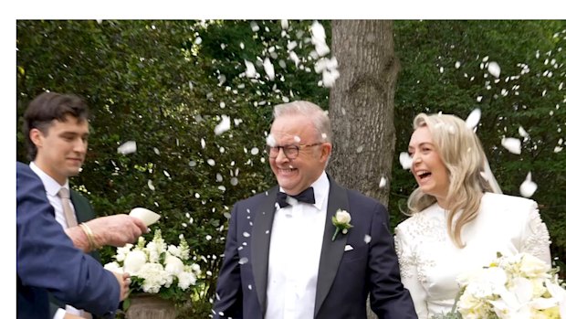 Anthony Albanese and wife Jodie Haydon at their wedding on Saturday.